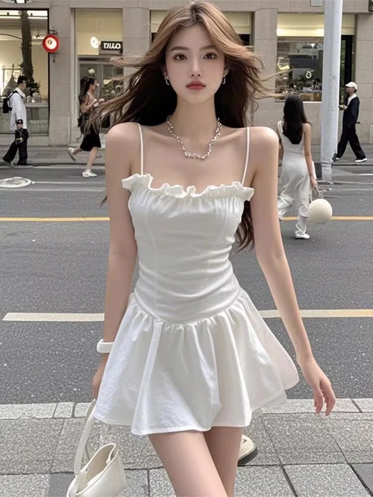 【B Y】白色方领吊带木耳花边褶皱连衣裙女春季气质收腰性感短裙子