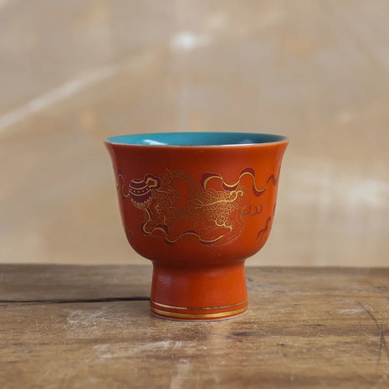 斋居 貔貅-橙色-高足-茶杯（Q1921）