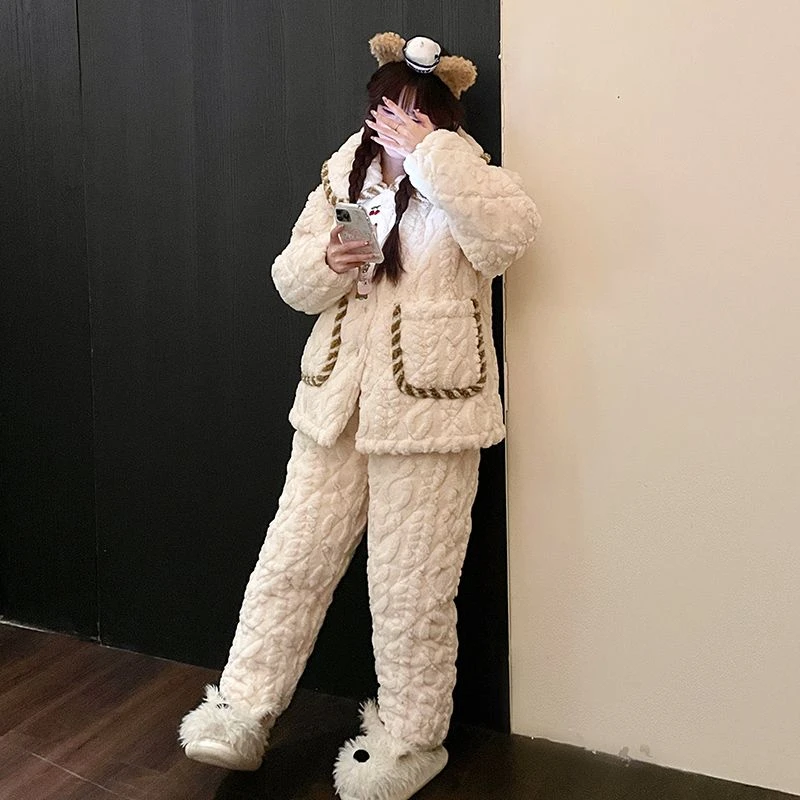 三层夹棉睡衣女加厚甜美卡通学生家居服可外穿秋冬季保暖毛绒套装