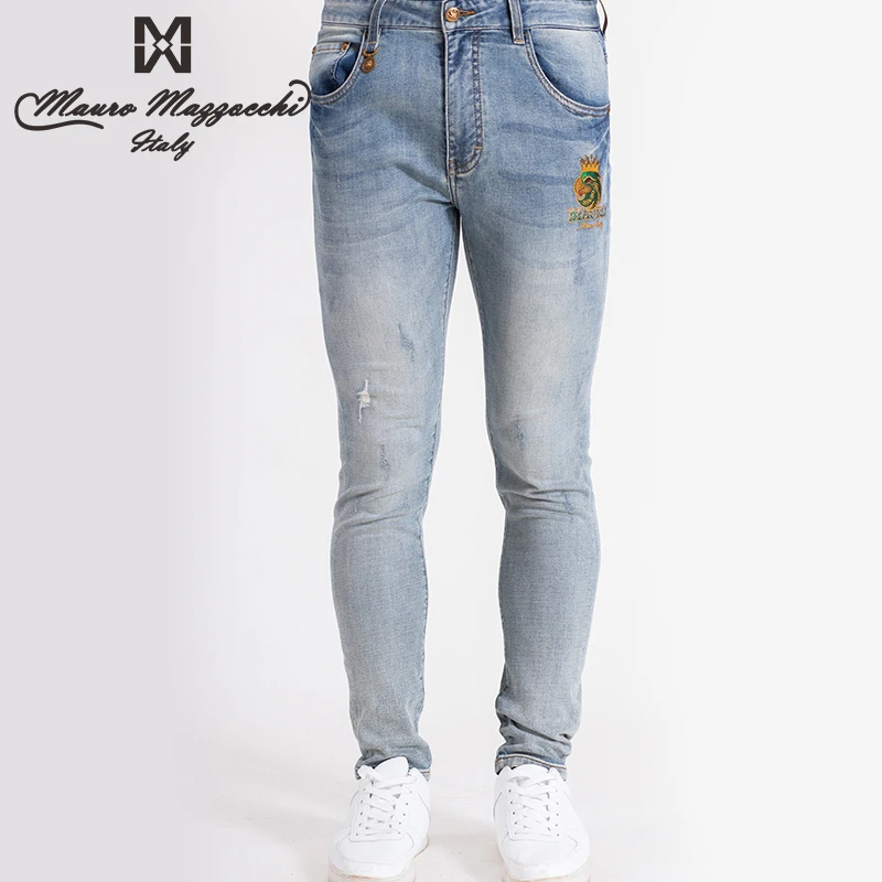Mauro/玛路男士烫钻拉链刺绣水洗九分牛仔裤破洞休闲时尚 1318