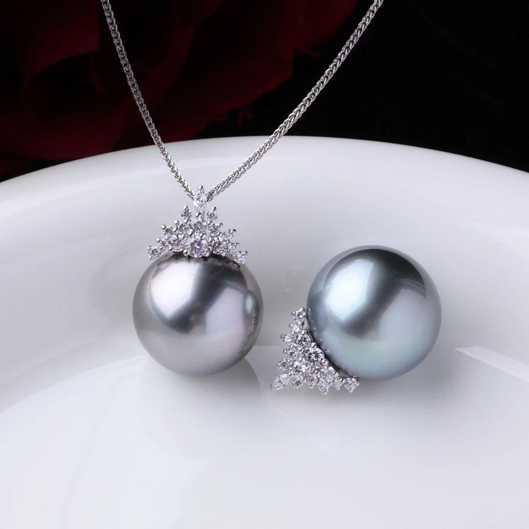 大溪地铂金灰珍珠吊坠15-16mm18K金冰雪女王项坠气质款多样性发一