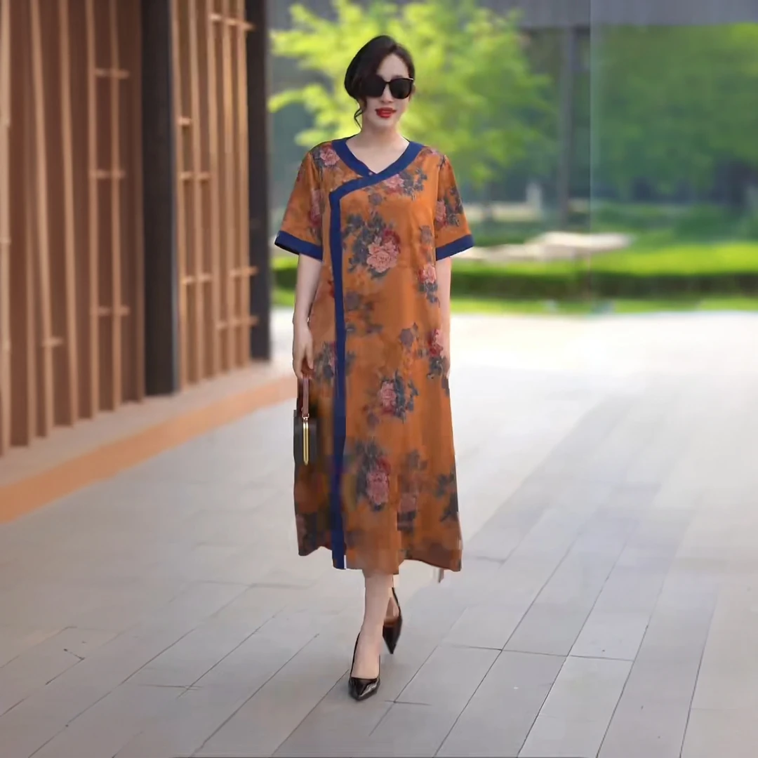 624高品质！新中式妈妈真丝印花连衣裙气质洋气宽松加肥加大码长裙