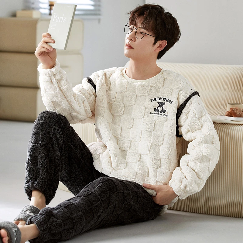 男士法兰绒保暖睡衣套装秋冬季珊瑚绒加绒加厚家居服青少年可外穿