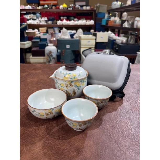 298夜白菊花猫一壶三杯旅行茶具
