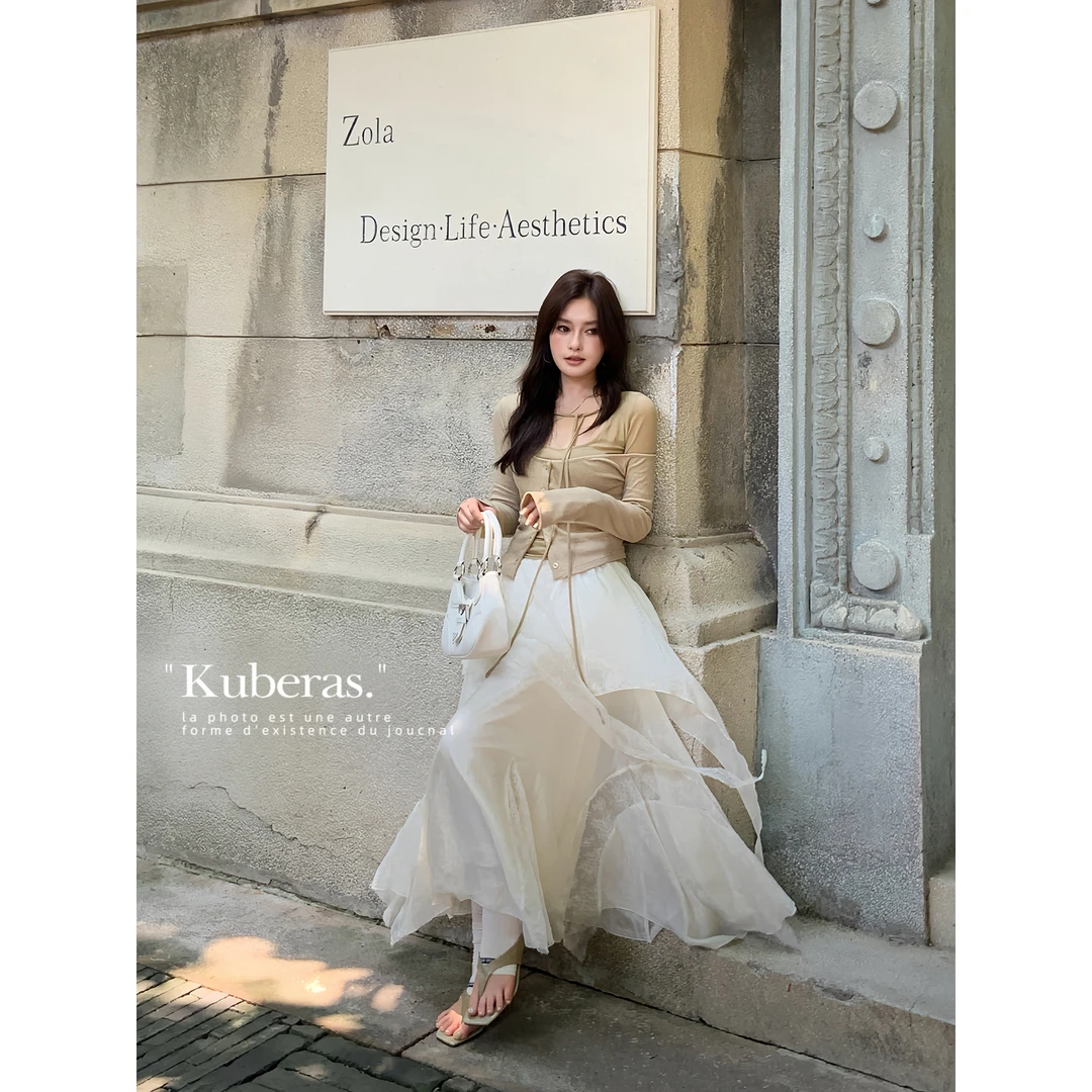 KUBERAS 长款宽松设计感不规则蕾丝拼接半身裙高级感A字气质长裙