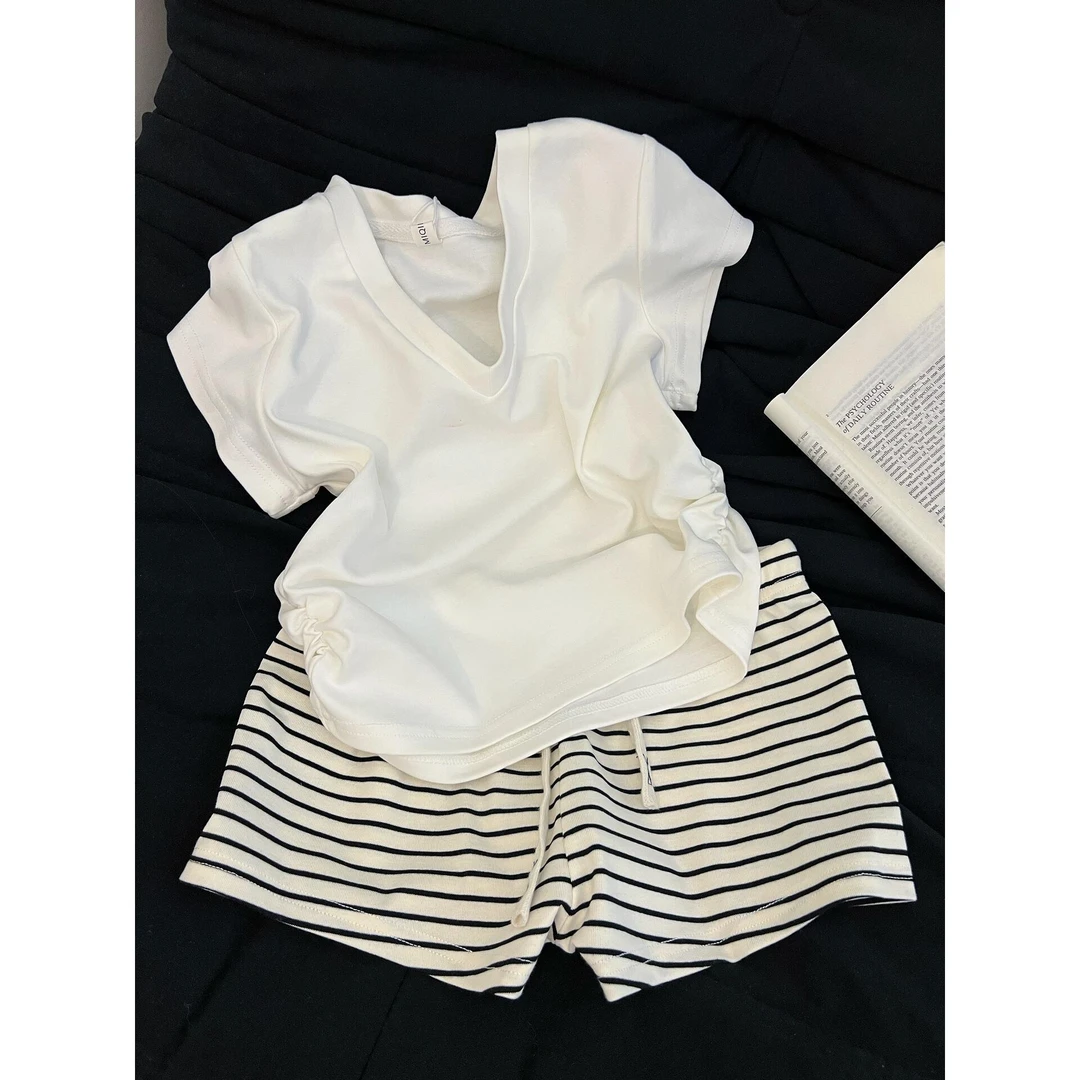 纯色V领条纹短裤甜美夏季新款短袖睡衣女套装显瘦家居服可外穿
