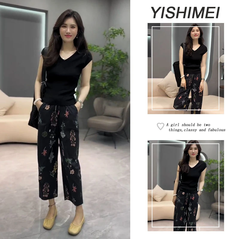 夏装2025新款爆款纯色气质V领冰感短袖上衣复古印花休闲裤套装