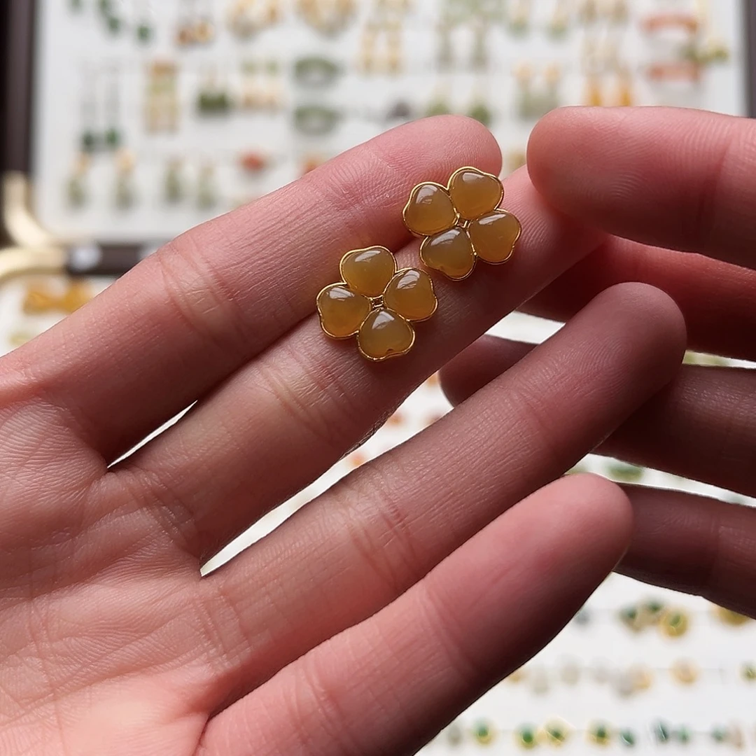 银S925镀金镶嵌和田玉耳钉