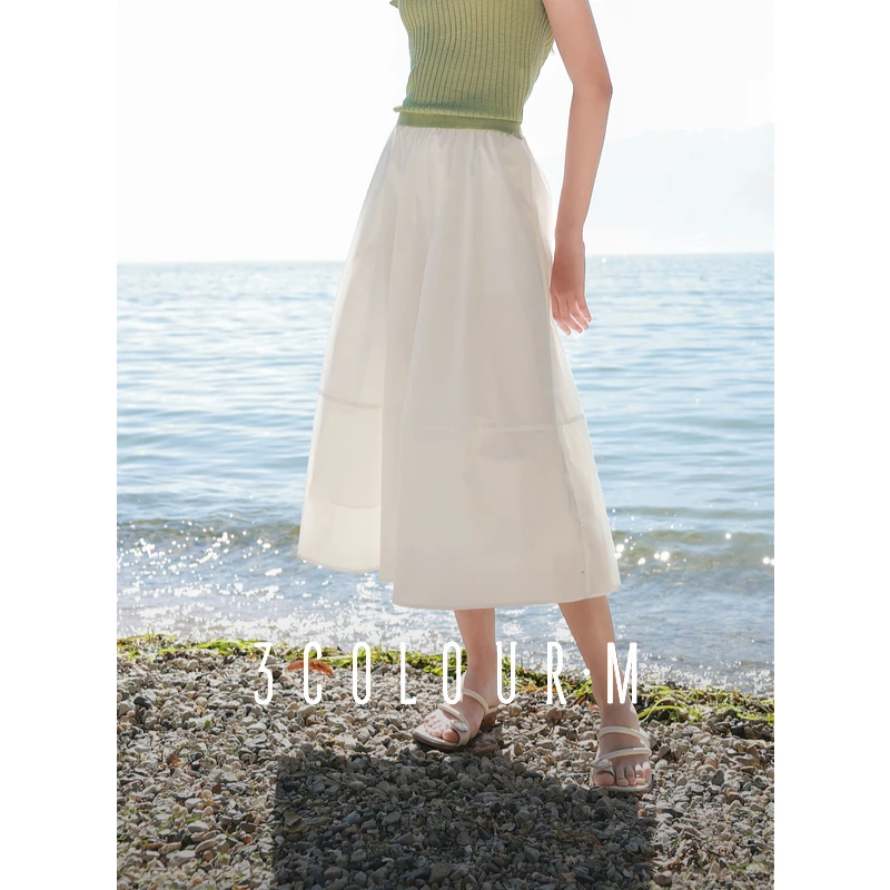 三彩2025夏季新款梨型身材淡人高腰白色半身裙仙女A字裙长裙伞裙M