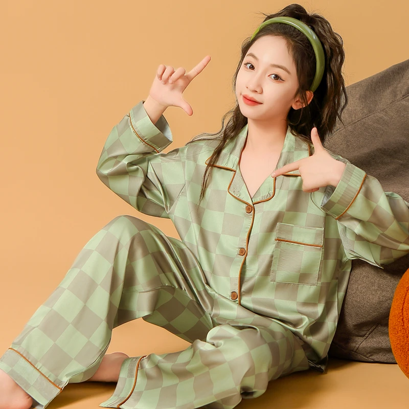 春秋季儿童薄款冰丝长袖睡衣女大童高级感家居服套装女孩夏空调服