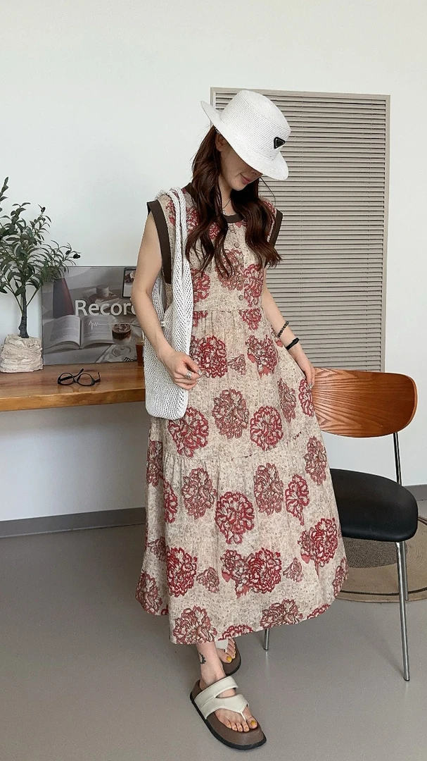 DF-[休闲度假风]25夏季新款韩版撞色无袖飘带连衣裙GL-FC6296