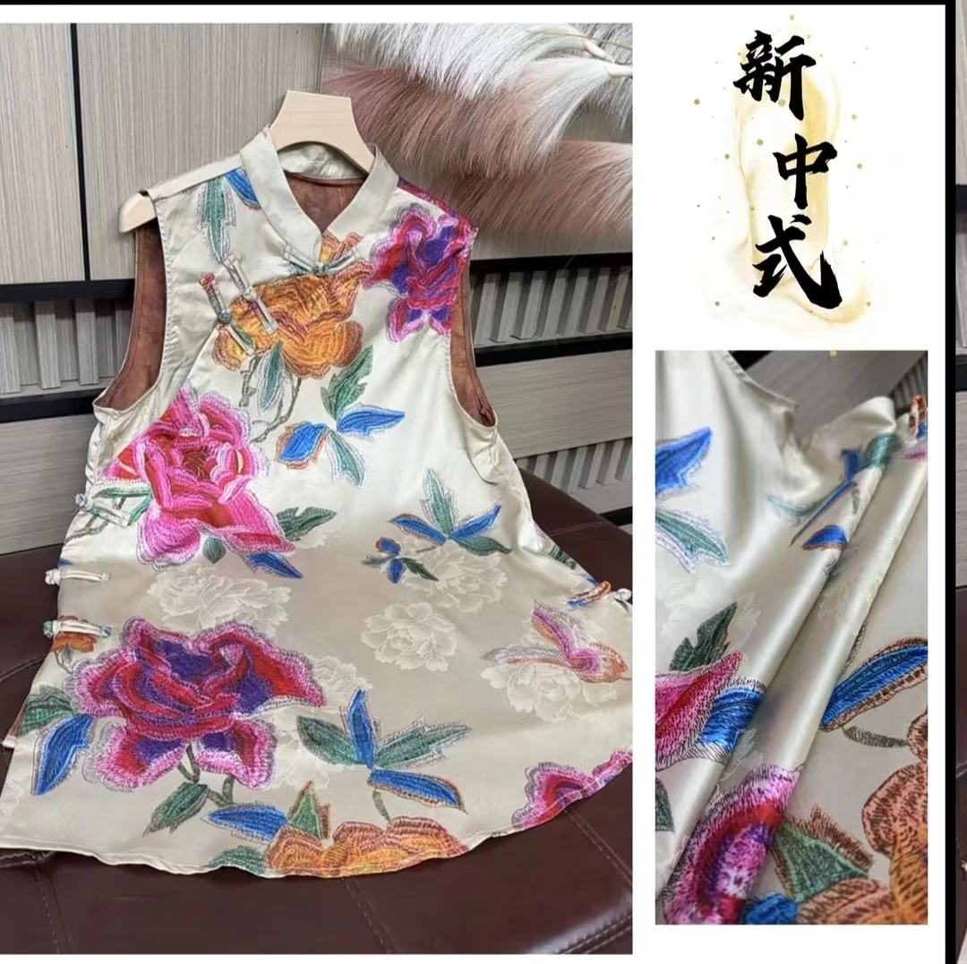 长款背心薄款时尚斜襟上衣新中式中国风百搭夏季气质印花提花无袖