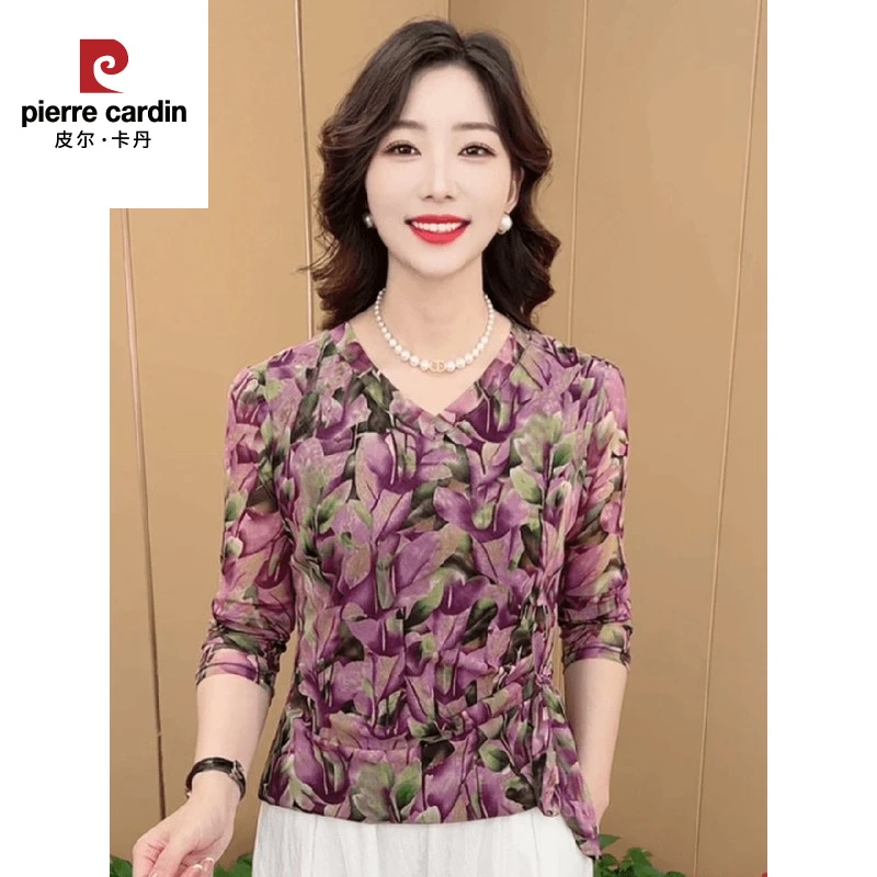皮尔卡丹早秋新款洋气妈妈装小衫2025时尚领碎花收腰系带弹力长袖