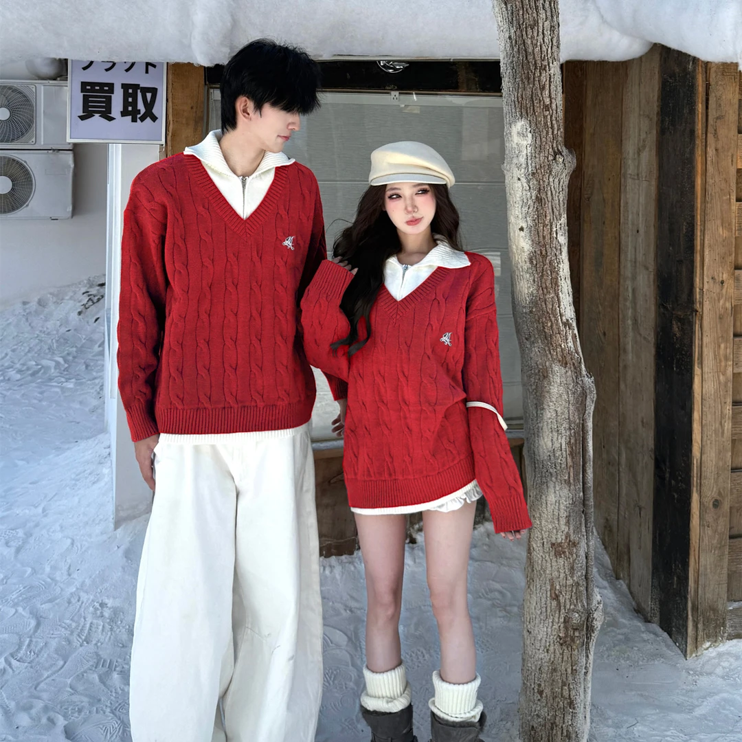 新年圣诞毛衣情侣装ins超火设计感松弛感学院风翻领针织衫上衣潮