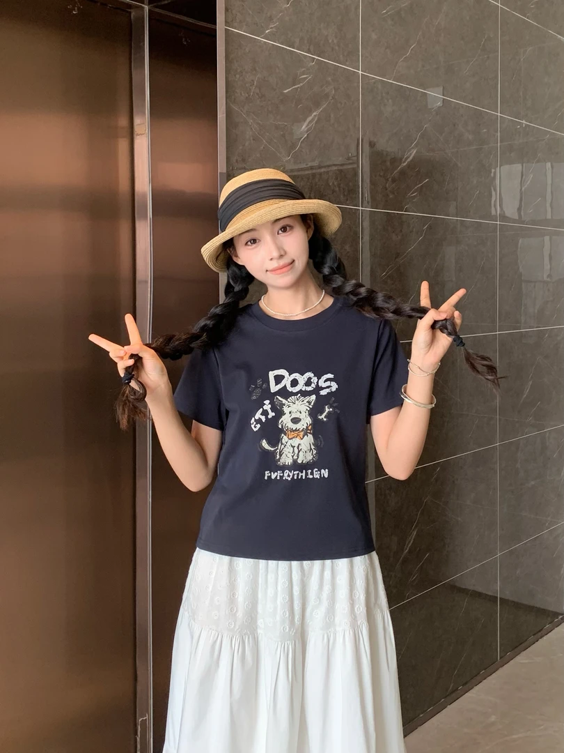 2454 “狗狗乐园”韩系圆领印花正肩小版短袖T恤