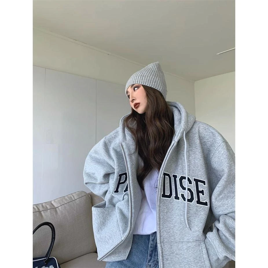刺绣双层帽拉链美式宽松女士连帽卫衣百搭灰色新款女生冬季外套