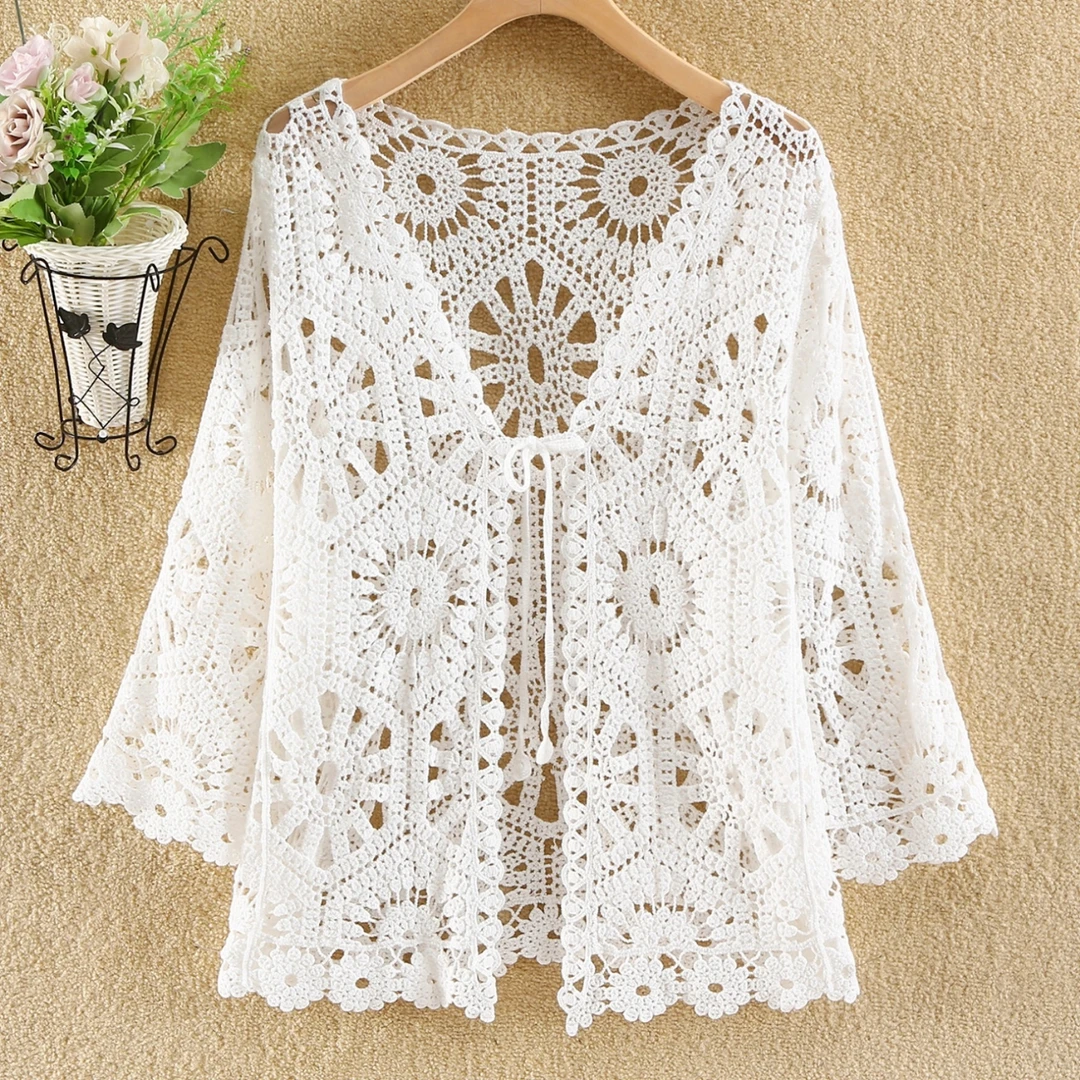 蕾丝钩花镂空针织衫防晒外套女夏季新款大码外搭宽松开衫上衣