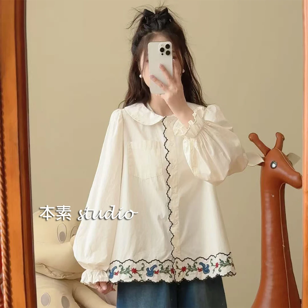 苍山Y3013刺绣单口袋全开扣娃娃领衬衫
