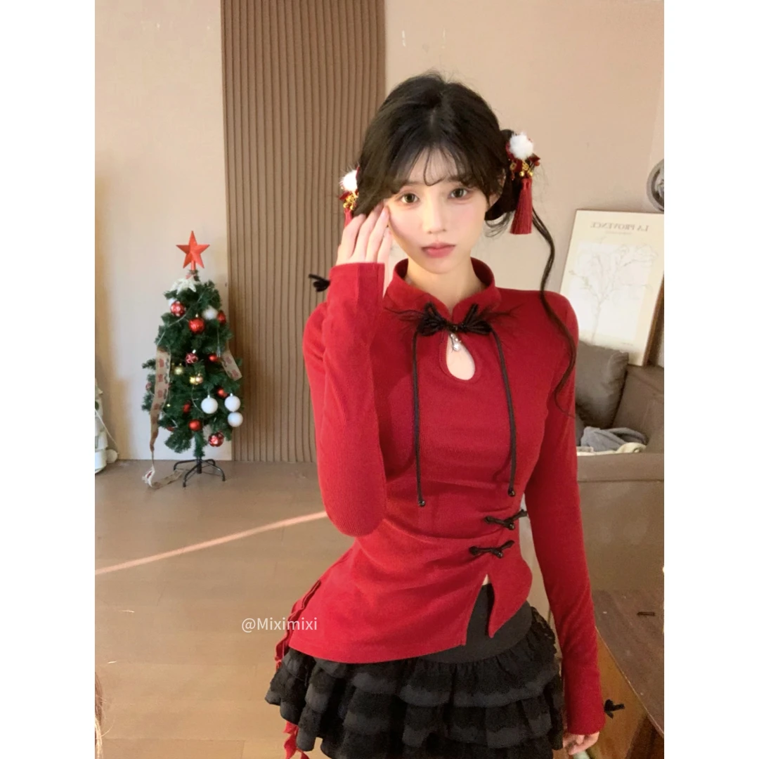 瑞茜·威瑟斯 新月 春秋洋气修身设计感红色新中式上衣半裙R3311W