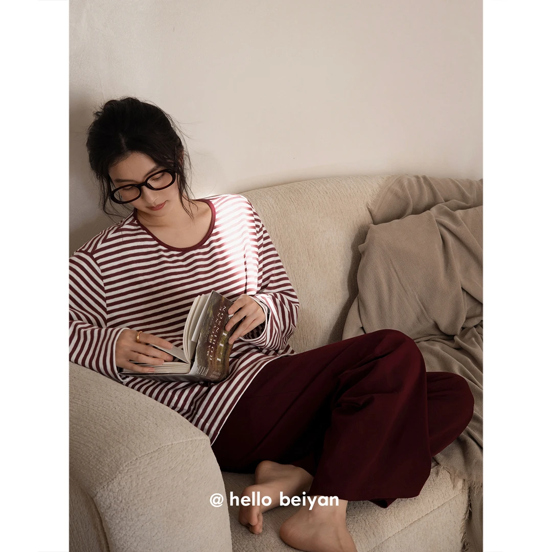 贝妍新款睡衣女春秋柔软棉长袖长裤套装本命年红色条纹大码家居服