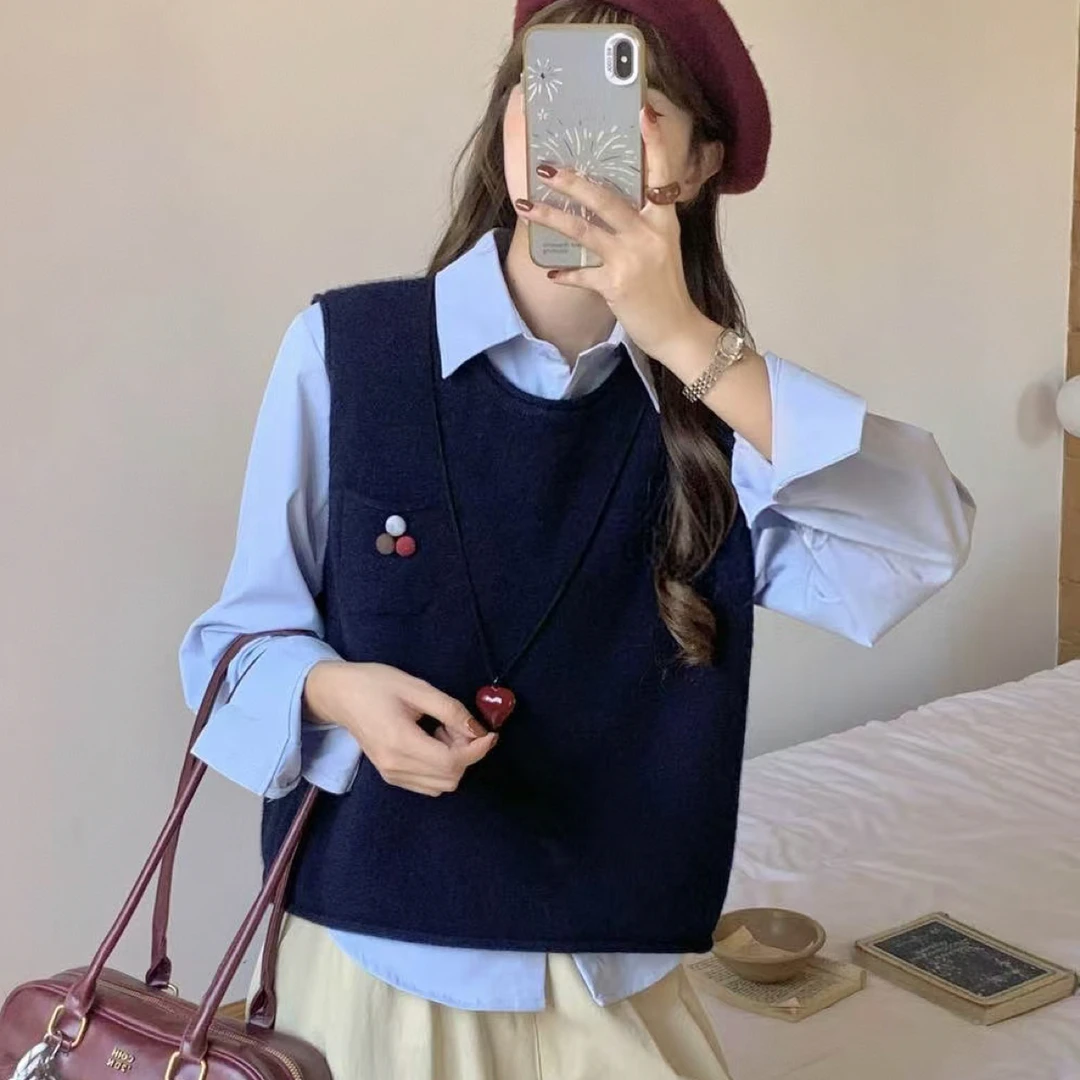 美式针织马甲背心女秋冬新款叠穿衬衫毛衣无袖上衣穿搭真两件