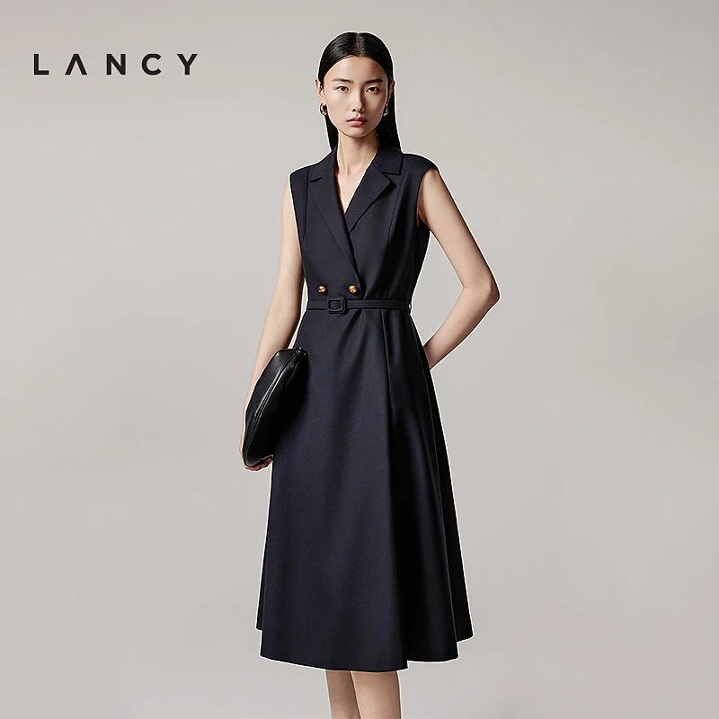 【羊毛】LANCY/朗姿2025秋新款西装领复古无袖收腰A字通勤连衣裙