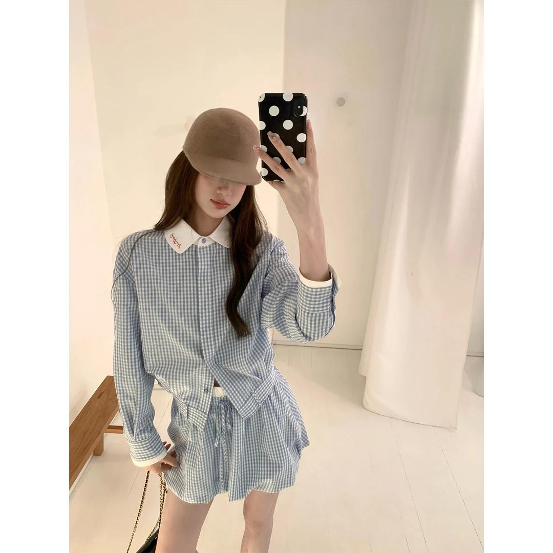 冷调锡蓝 韩系蓝格子套装翻领衬衫花苞裙短裙撞色系带上衣女秋季