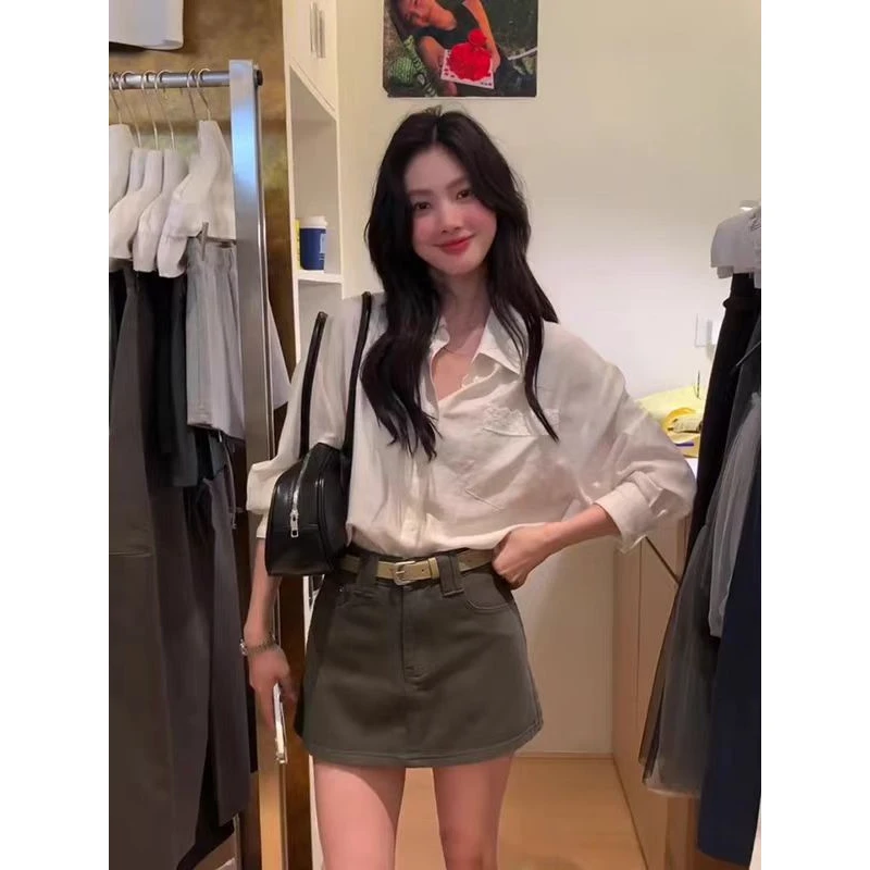 衬衣百搭薄款后背设计感时尚衬衫上衣半身裙两件套装女