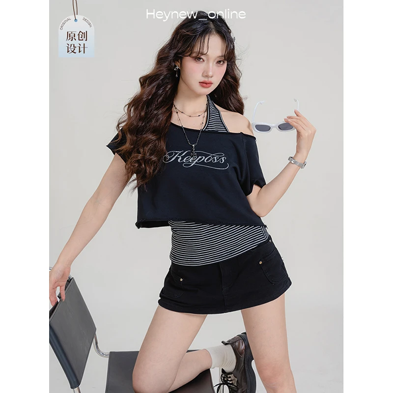 【是真两件哦！】小众显瘦条纹夏季短袖加州风情两件套-5X418