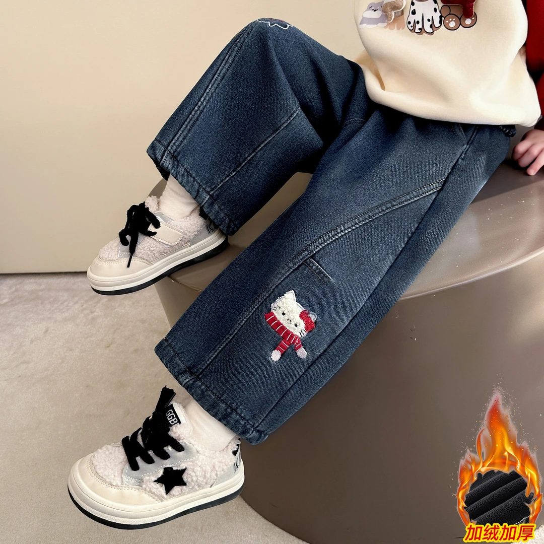 女童加绒牛仔裤洋气秋冬款小女孩加厚阔腿裤女宝宝一体绒弯刀裤潮