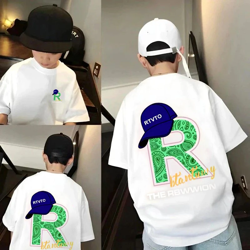 韩系萌娃！25夏季创意R字母印花时尚百搭短袖T恤10106