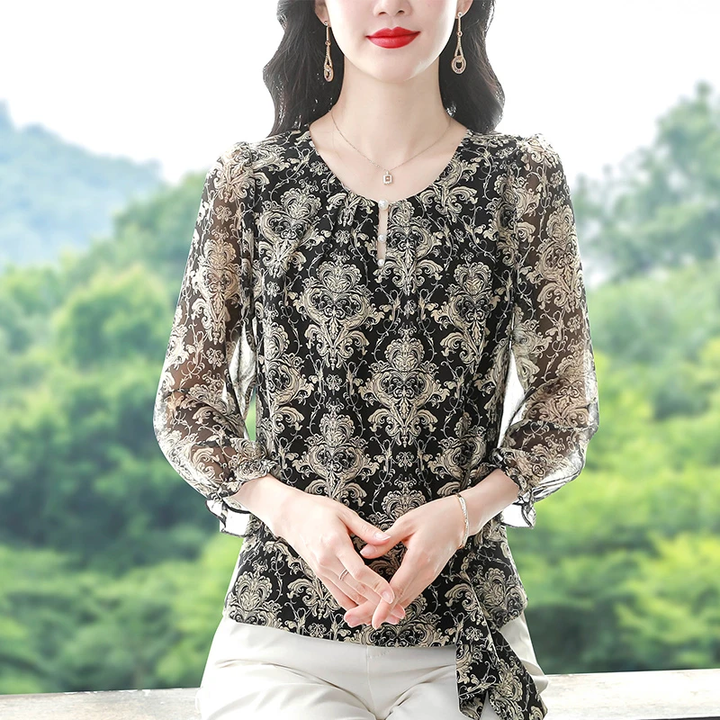碎花雪纺衫女七分袖时尚设计感显瘦遮肚子妈妈装春夏气质小衫