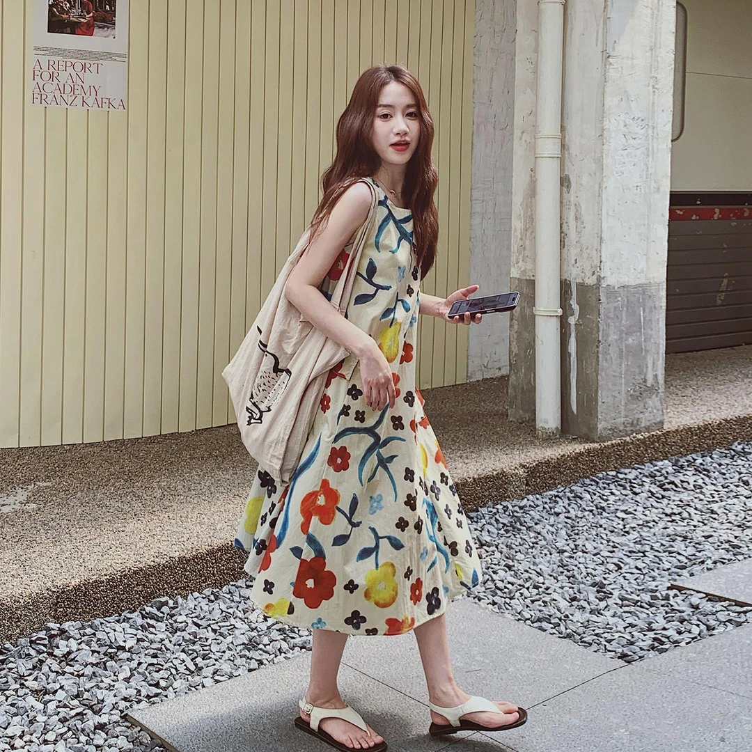 多巴胺穿搭印花无袖洋装女夏新款小个子拼接少女感显瘦背心裙夏季