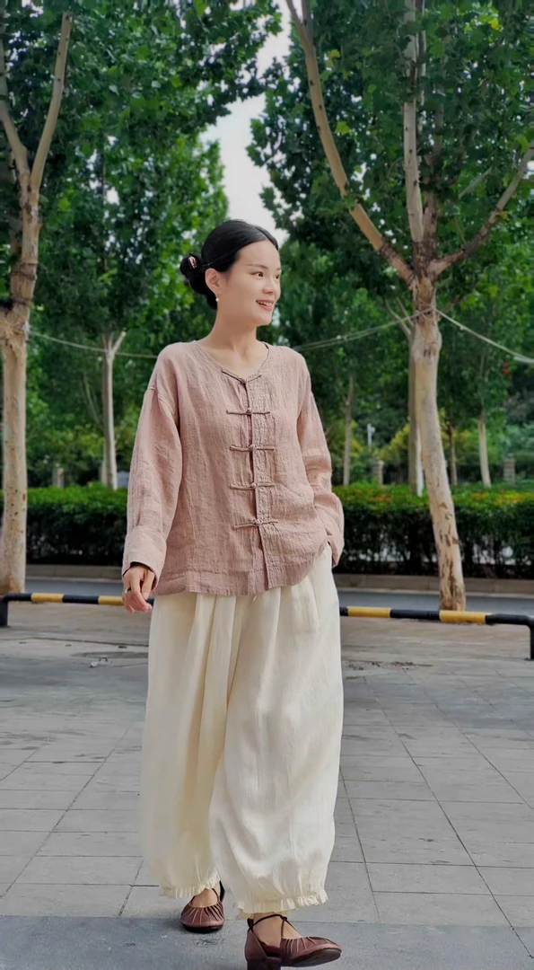 七初棉麻布衣  夏季单雨露亚麻减龄捏折花边灯笼裤