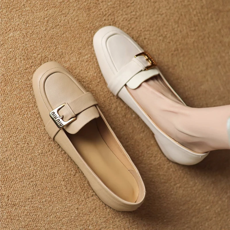 牛皮复古方头浅口单鞋女2025新款春秋真皮乐福鞋低粗跟软底小皮鞋