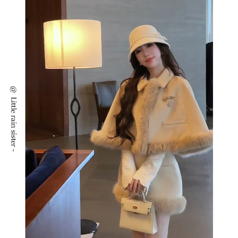 11/17圣诞新款【德伯斗篷】高级感披肩斗篷外套+短裙套装