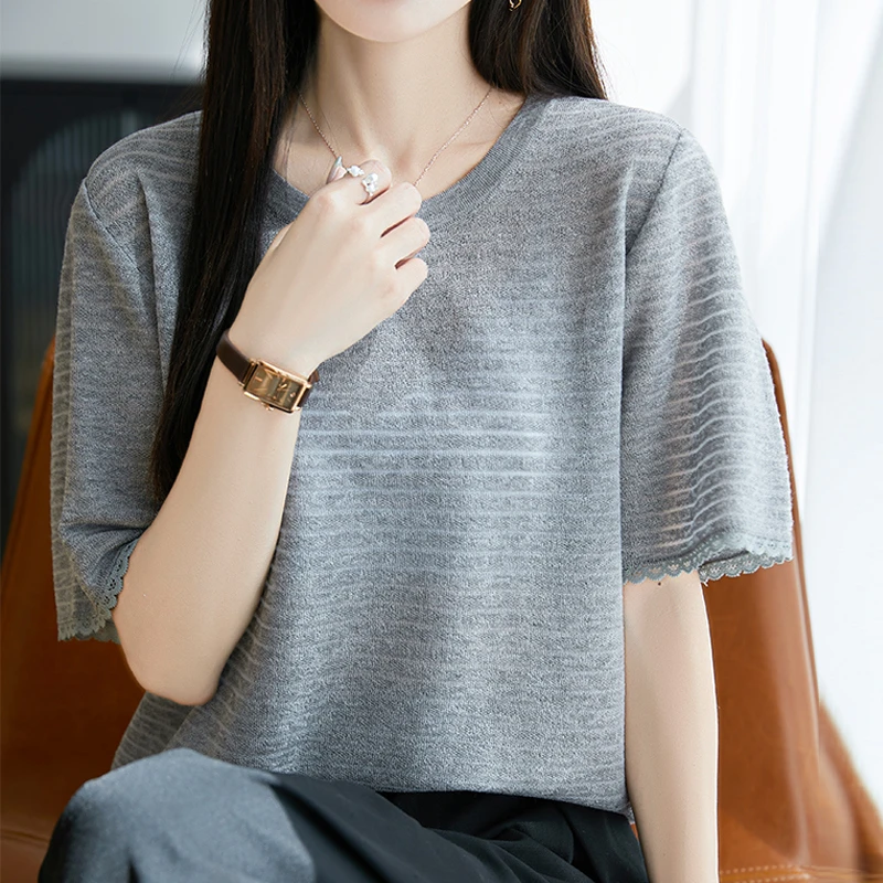 时尚品牌女装夏季新款韩版莱赛尔天丝边袖小花时尚针织短袖女