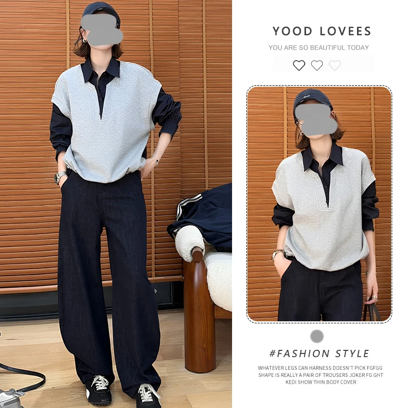 2025春秋季新款时尚休闲简约百搭撞色假两件衬衫领拼接显瘦上衣女