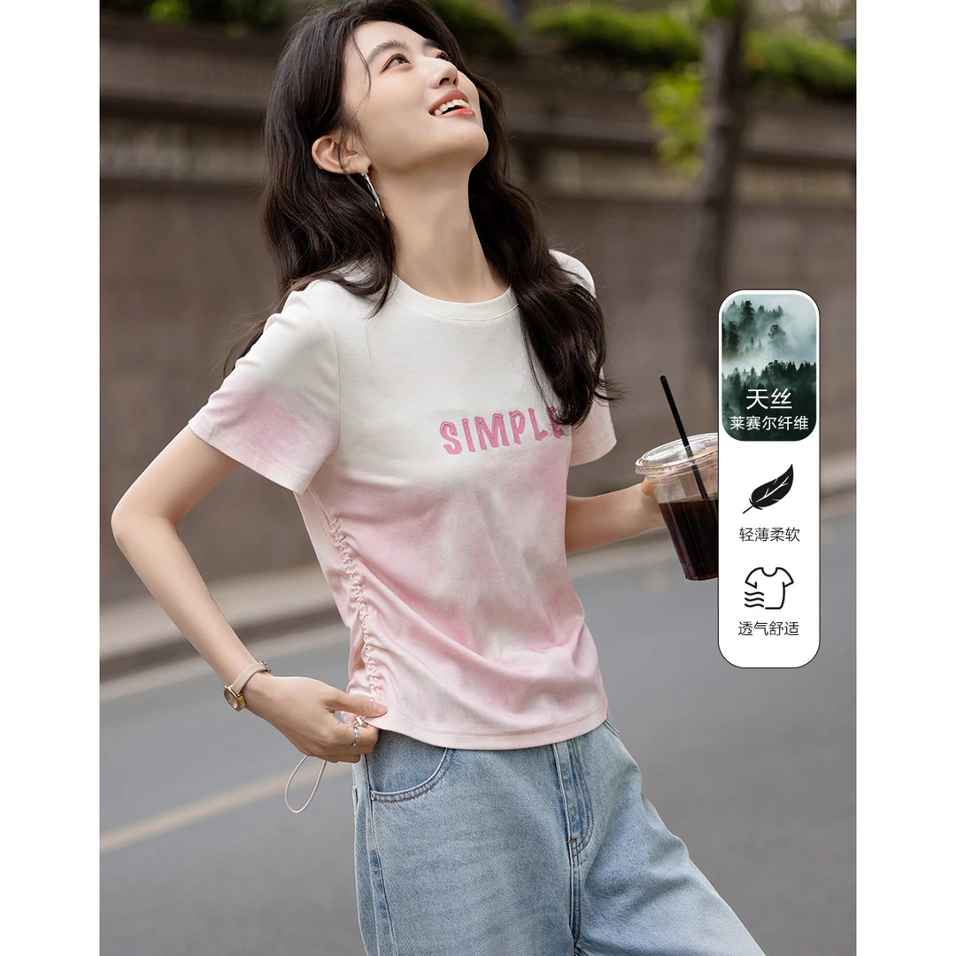 dme德·玛纳软糯“小奶皮”夏季含莱赛尔渐变扎染打底衫字母印花t恤