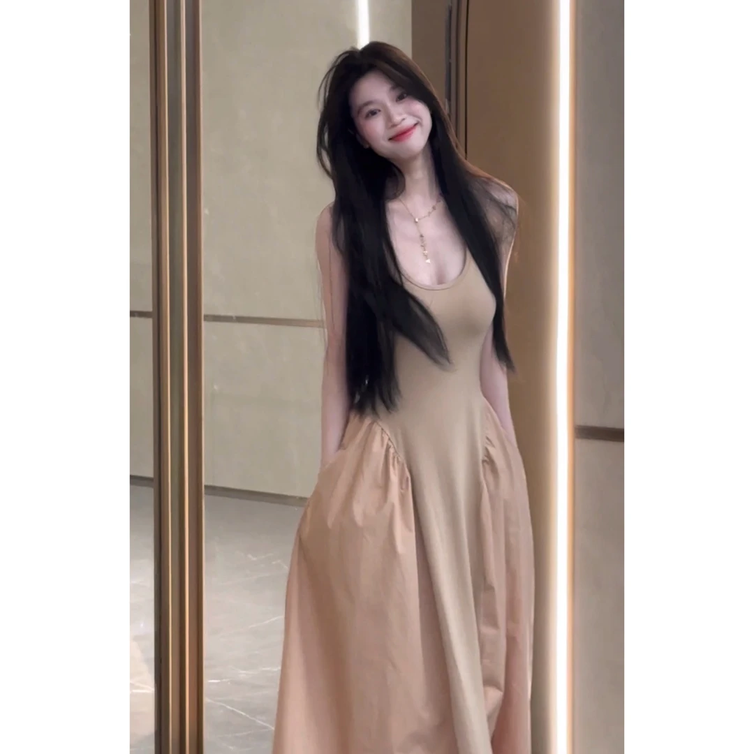 【喵喵】拼接吊带连衣裙女夏季收腰显瘦无袖A字修身长款裙子 250