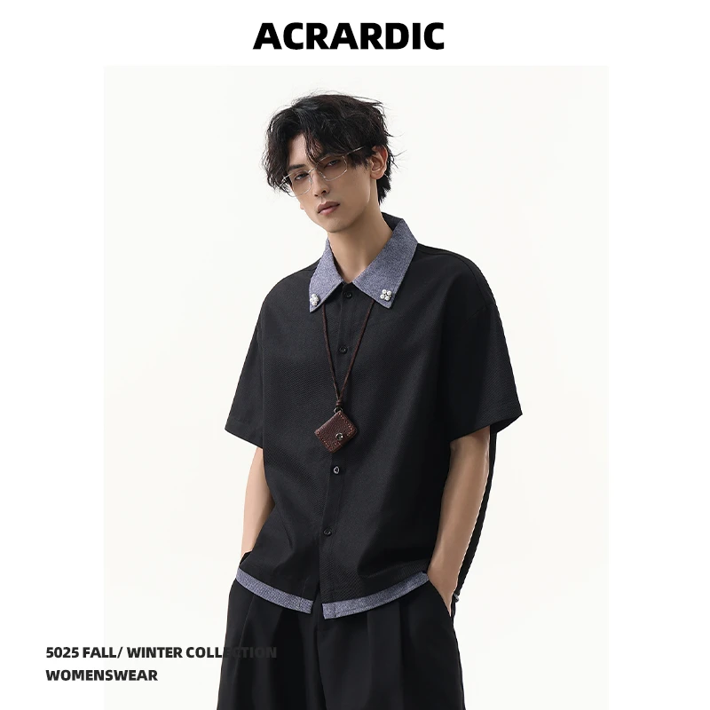 ACRARDIC潮牌美式假两件短袖衬衫男cleanfit休闲boxy短款衬衣痞帅