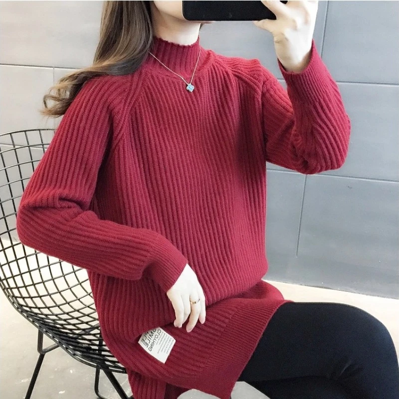 中长款毛衣裙女2025新款秋冬季半高领大码内搭小个子针织打底衫女