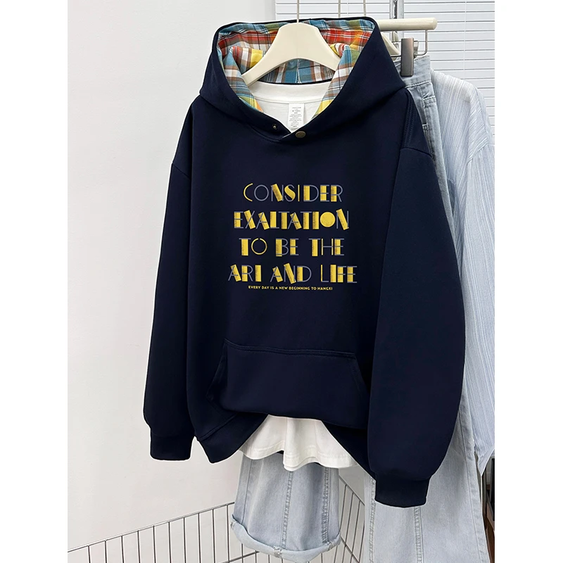 纽扣连帽卫衣女2025秋冬新款潮牌设计感撞色格子拼接宽松大码外套