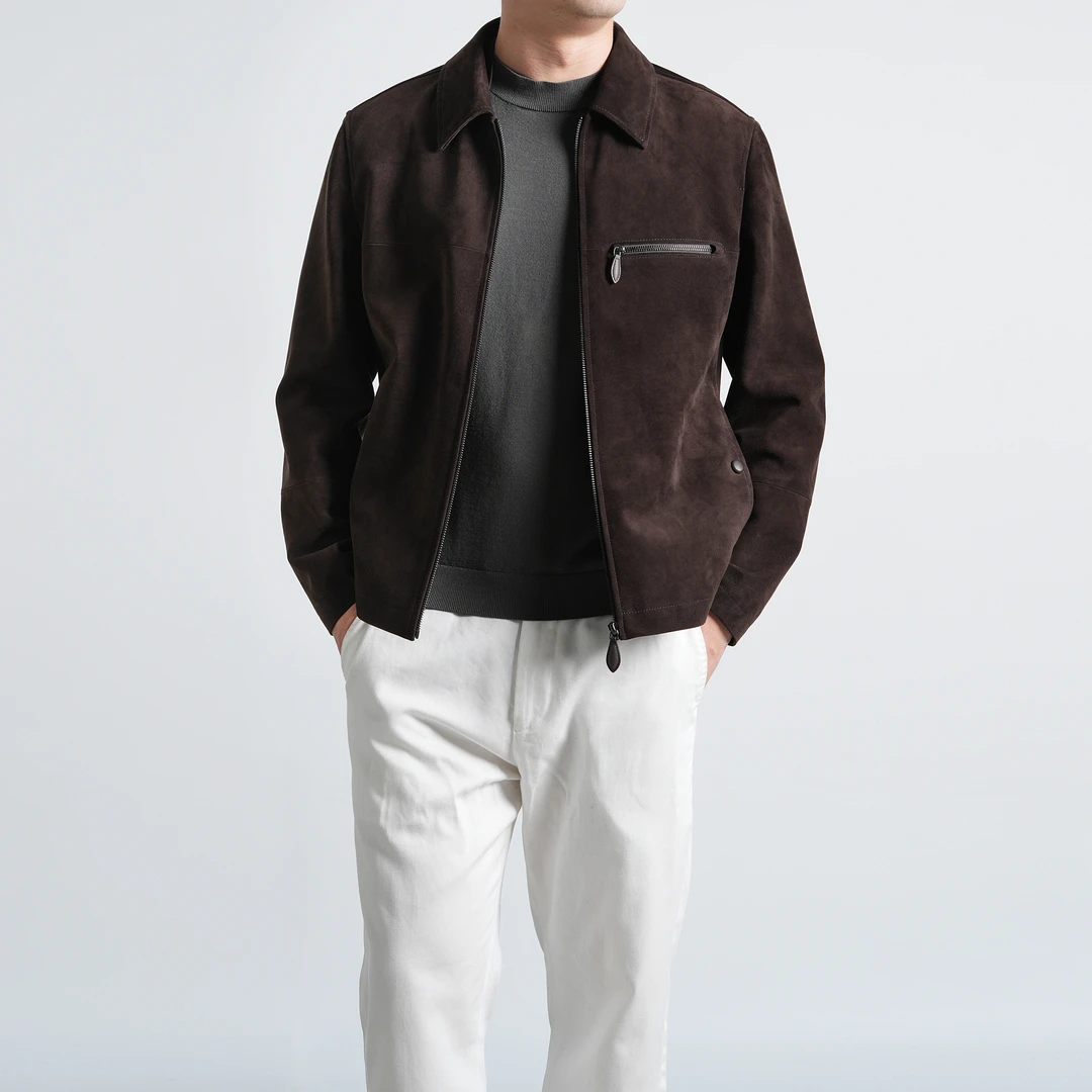 [玛龙宝]无里衬胎牛夹克25秋季新品休闲翻领时尚真皮皮衣男士皮衣