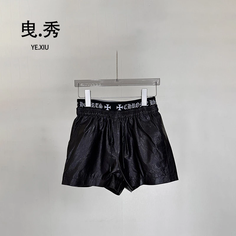 欧货2025秋季新款真皮短裤女松紧腰抽绳绵羊皮阔腿裤A字靴裤时尚