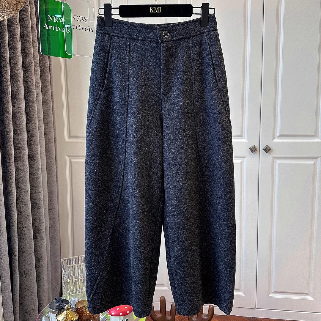 小个子欧洲站灰色加绒时尚百搭遮肉冬新款羊毛休闲裤女九分灯笼裤