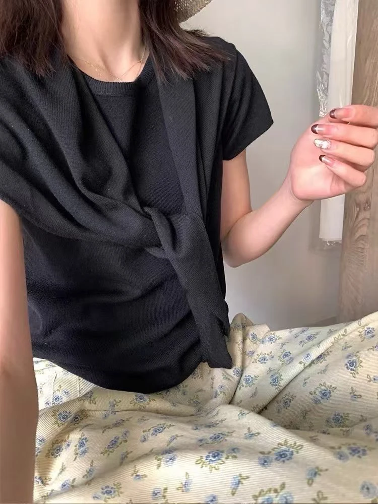 57070 韩系简约百搭修身短袖针织衫配披肩（上衣+披肩）两件套