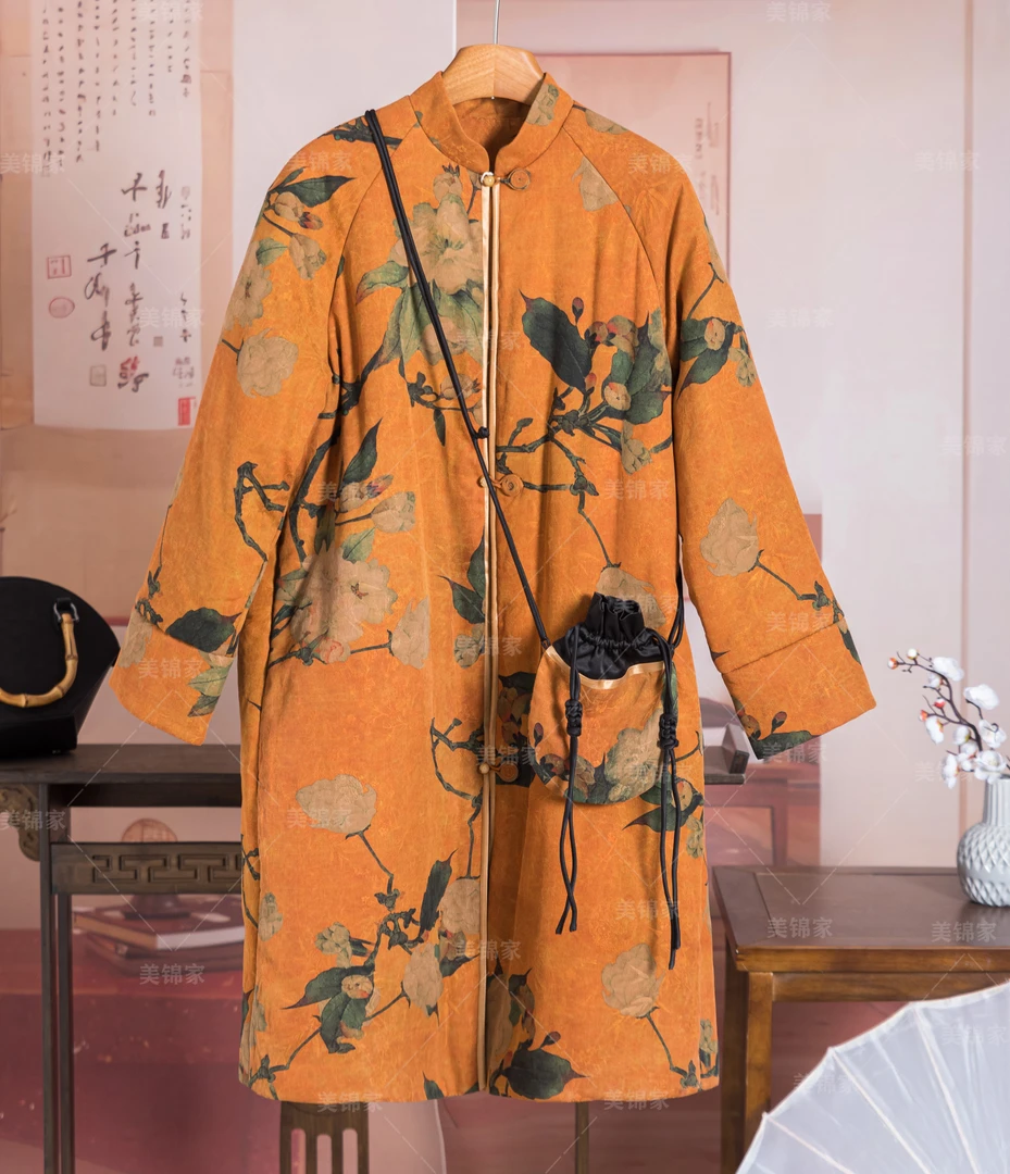 990号【美锦家】新中式国风女款冬季栀子花中长款加厚棉服242388