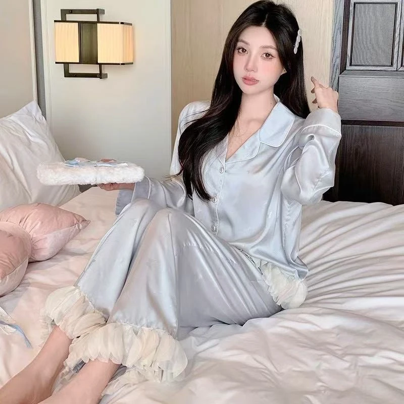 冰丝睡衣女款春秋新款高级感法式蝴蝶印花家居服长袖长裤套装夏季