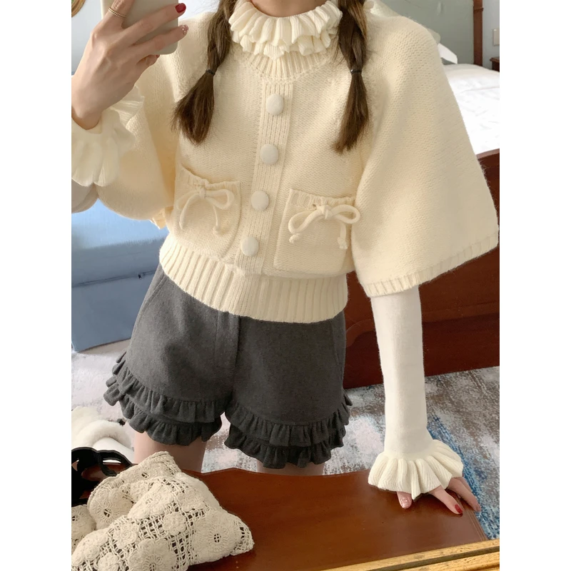 FF BLUE 冬日白巧 2色荷叶领花边羊毛打底衫设计感百搭叠穿上衣女